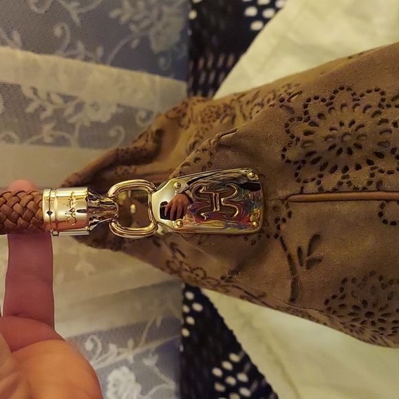 COLE HAAN Suede Laser Etched Floral Motif Hobo Bag w/ Leather Braided Strap - Picture 4 of 13